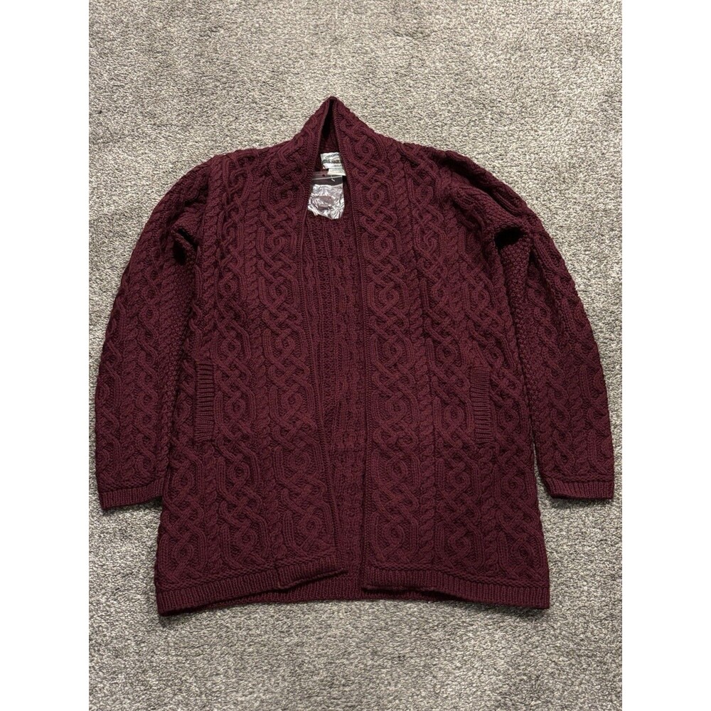 Aran Crafts Merino Wool Open Front Cardigan Sweater Pockets Wine Red Size Small
